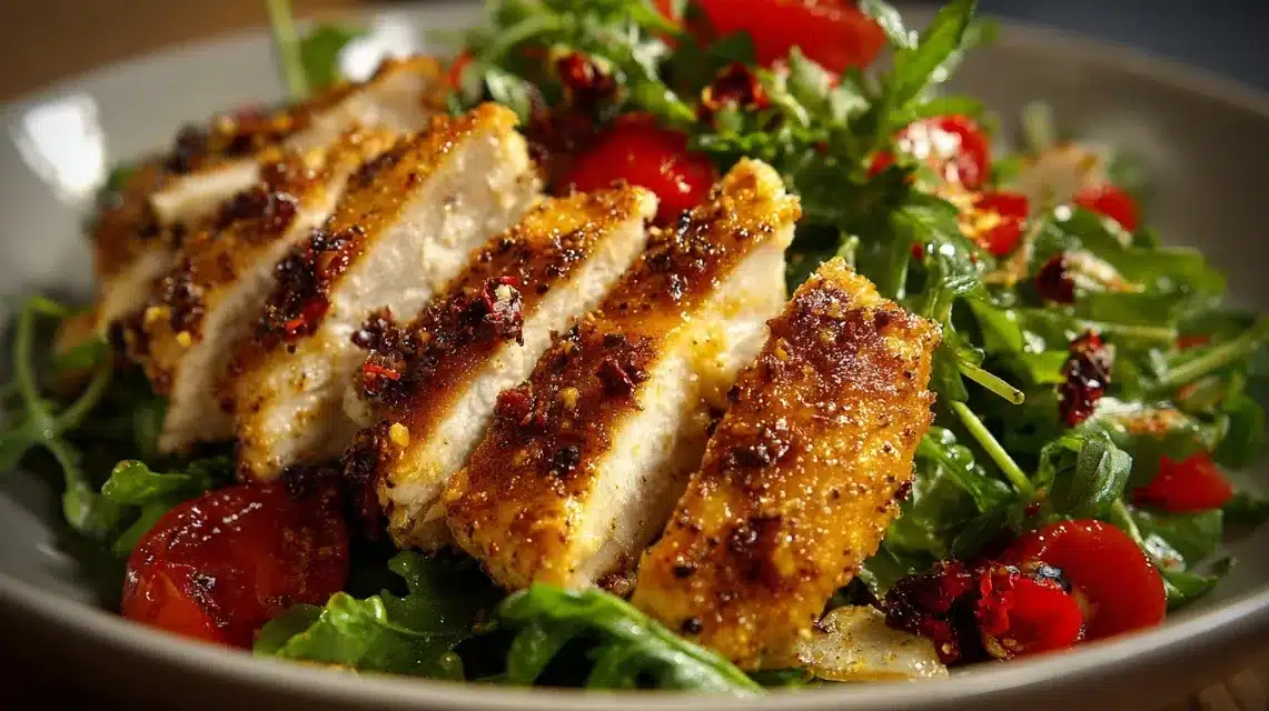 Slicing and placing chicken tenders Sliced chicken tender salad with crispy golden chicken