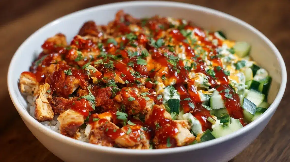Adding BBQ chicken to the bowl BBQ chicken added to honey BBQ chicken bowls