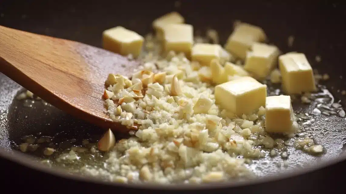 Sautéing garlic in butter Garlic Parmesan Chicken Pasta with sautéed minced garlic