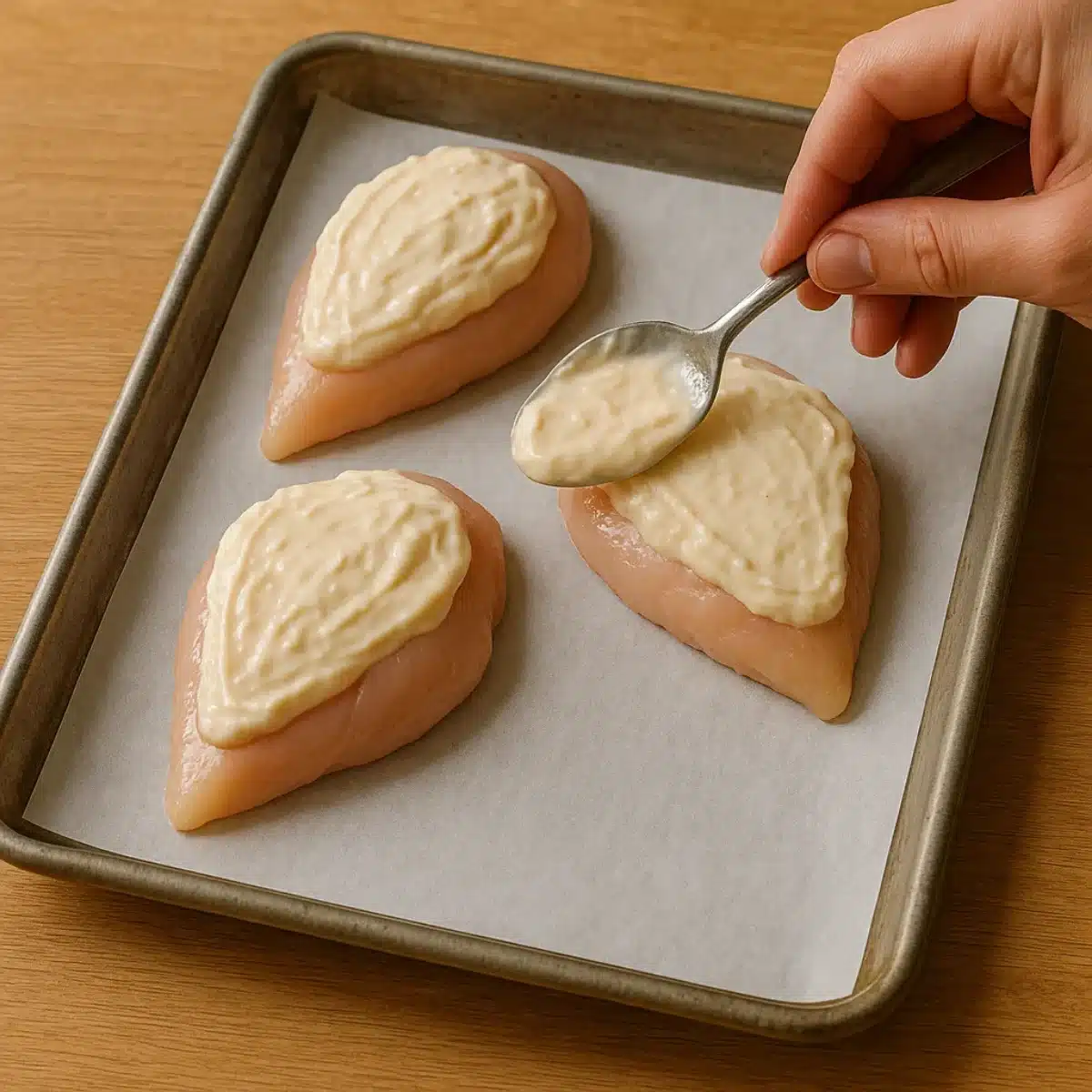 Spreading Parmesan-mayo topping Applying topping in parmesan crusted chicken recipe Hellmann's