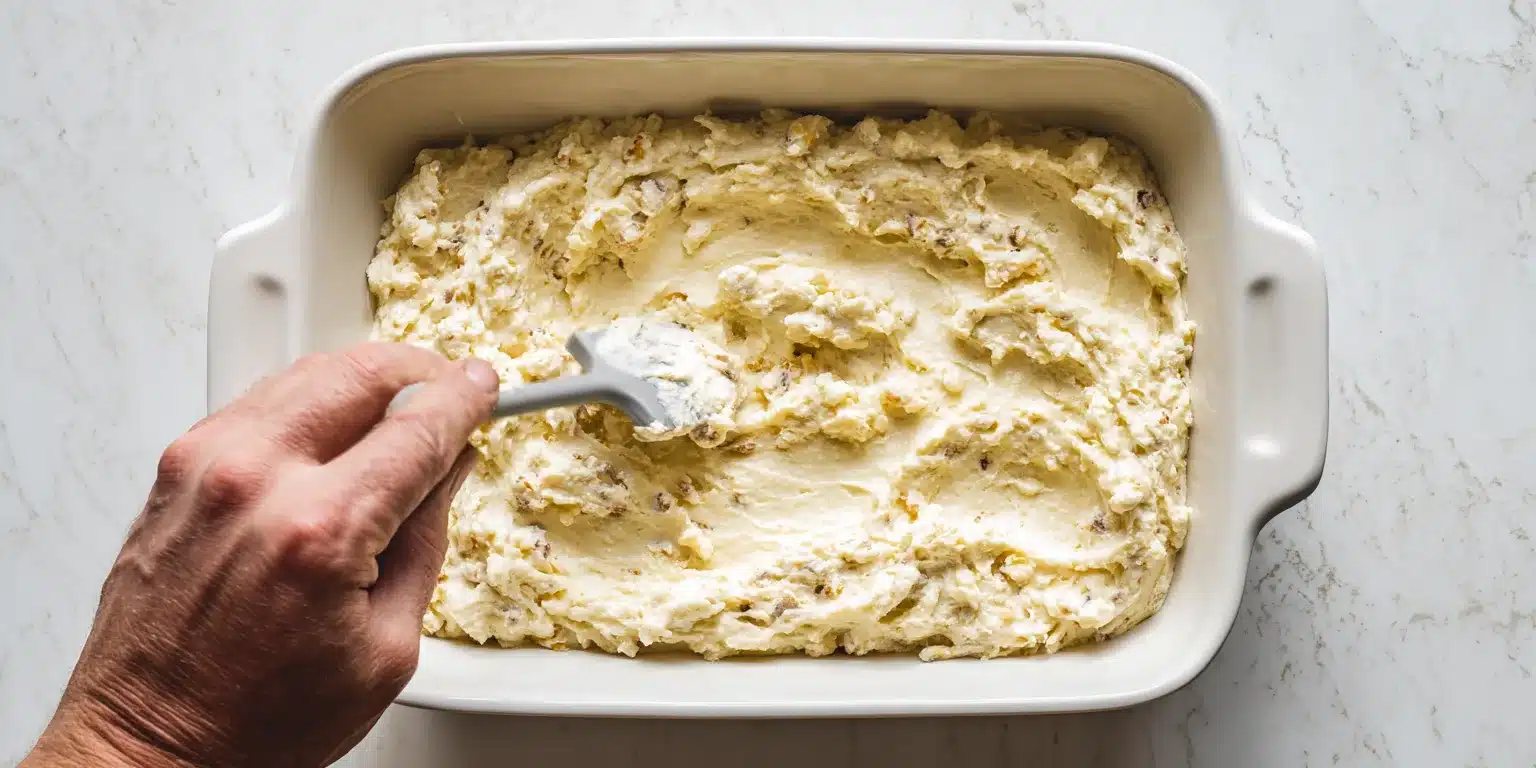 Spreading dip into baking dish Spreading healthy chicken wing dip into baking dish