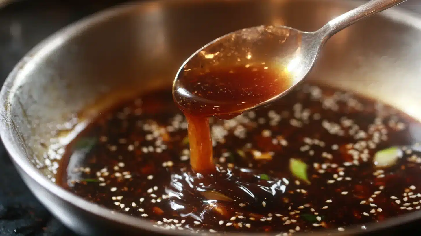 5 Boiling teriyaki sauce Thickened Panda Express Quick Grilled Teriyaki Chicken sauce in saucepan