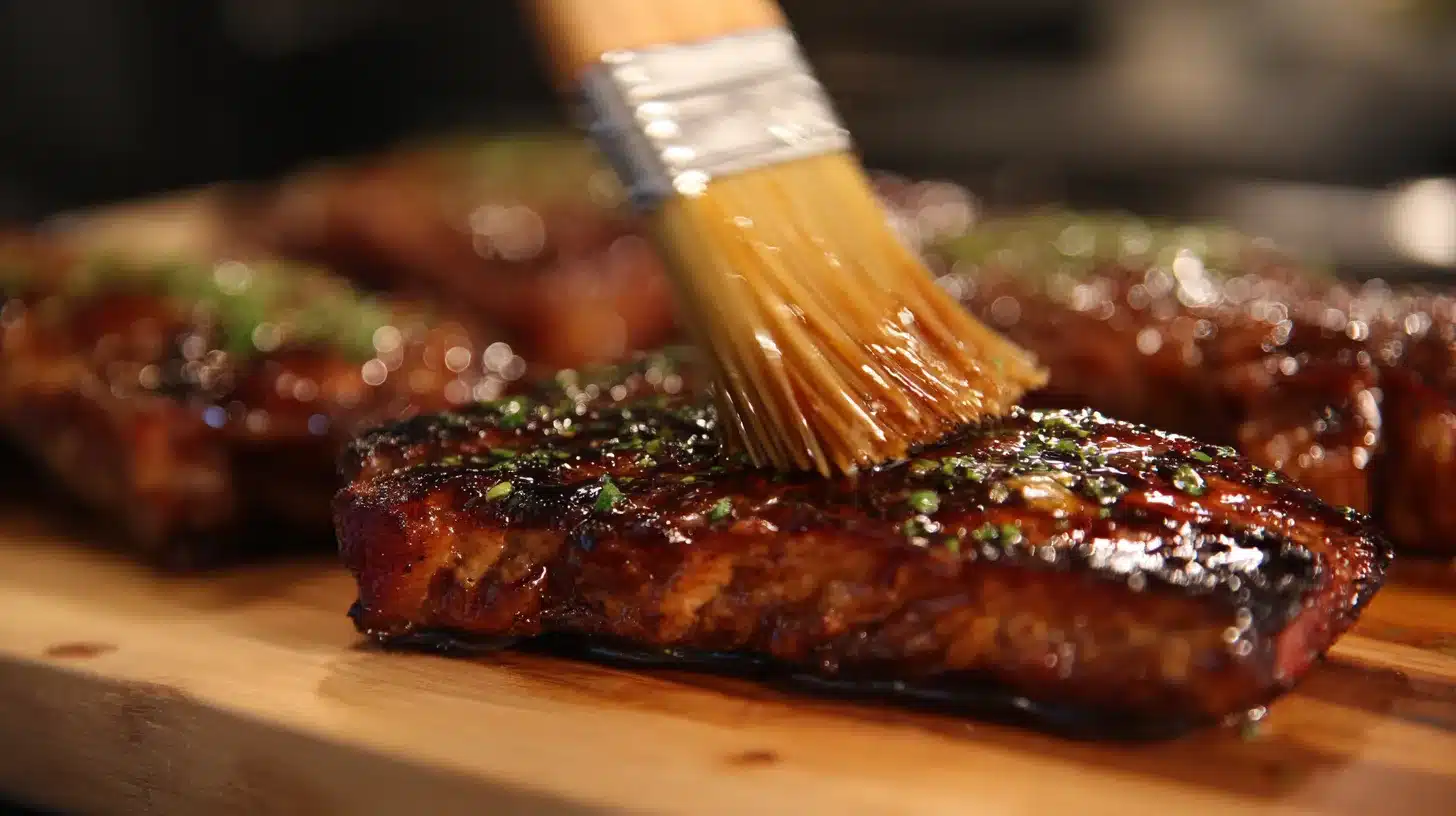 5 Brushing glaze over cooked chicken Brushing marinade on Panda Express Grilled Teriyaki Chicken