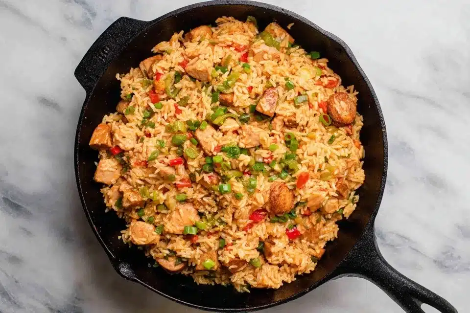 Toasting rice with veggies Rice stirred with veggies for Cajun Chicken and Rice