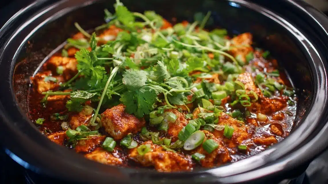 Garnishing with fresh cilantro Cowboy chicken recipe topped with green onions and herbs