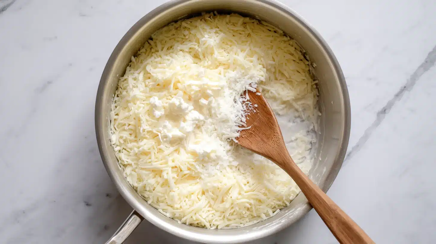 Stirring parmesan and cream cheese into sauce Cheese melting into chicken alfredo orzo