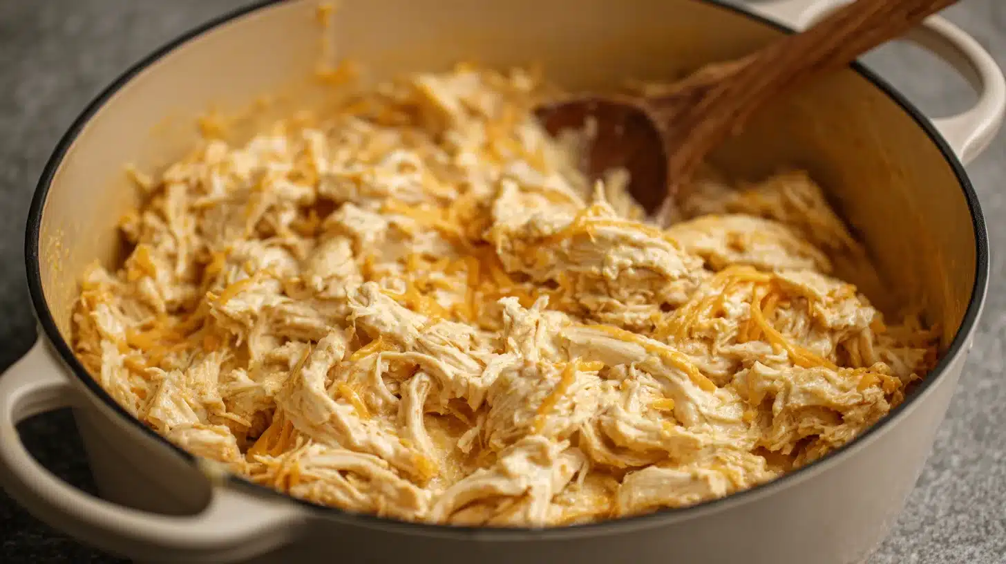 Cream cheese melting into southwest chicken Stirring cheese into crockpot southwest chicken