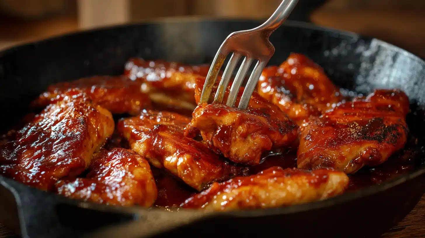 Checking chicken temperature and sauce thickness Finishing Hawaiian BBQ chicken recipe on stove