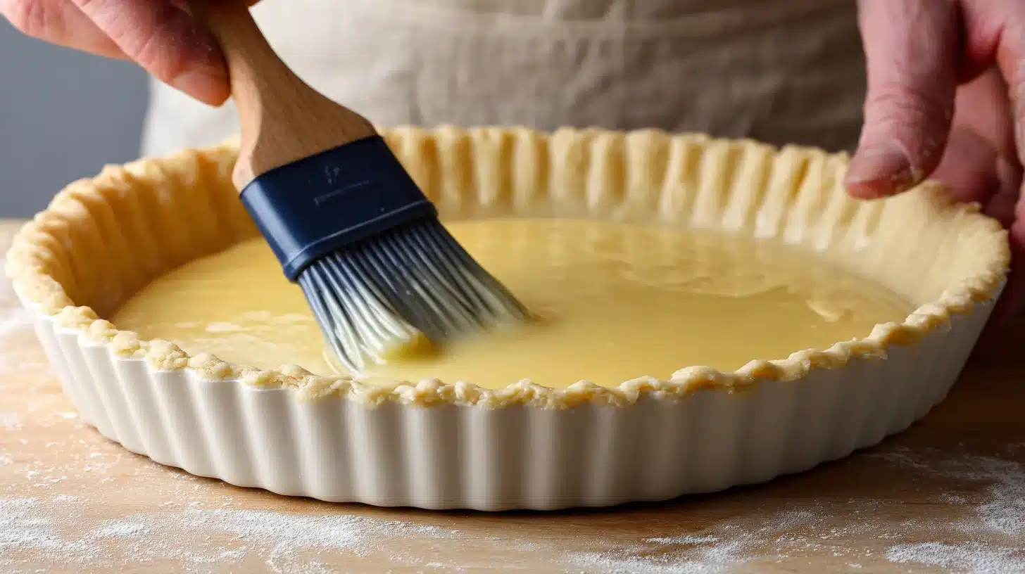 Brushing egg wash on pie crust Egg wash being applied to crust of chicken pot pie with cream of chicken soup