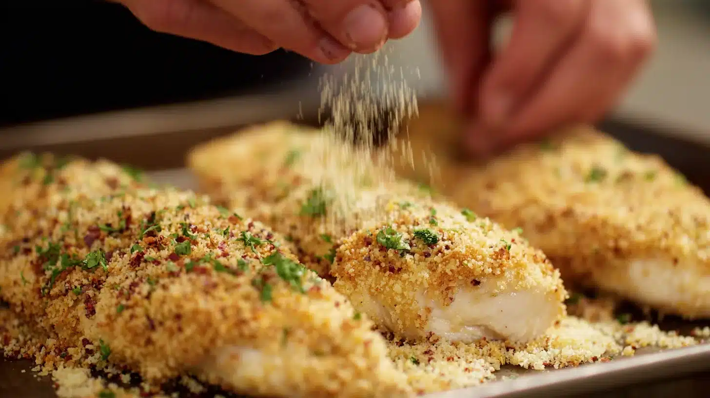 Adding breadcrumbs Sprinkling breadcrumbs over coated chicken breasts
