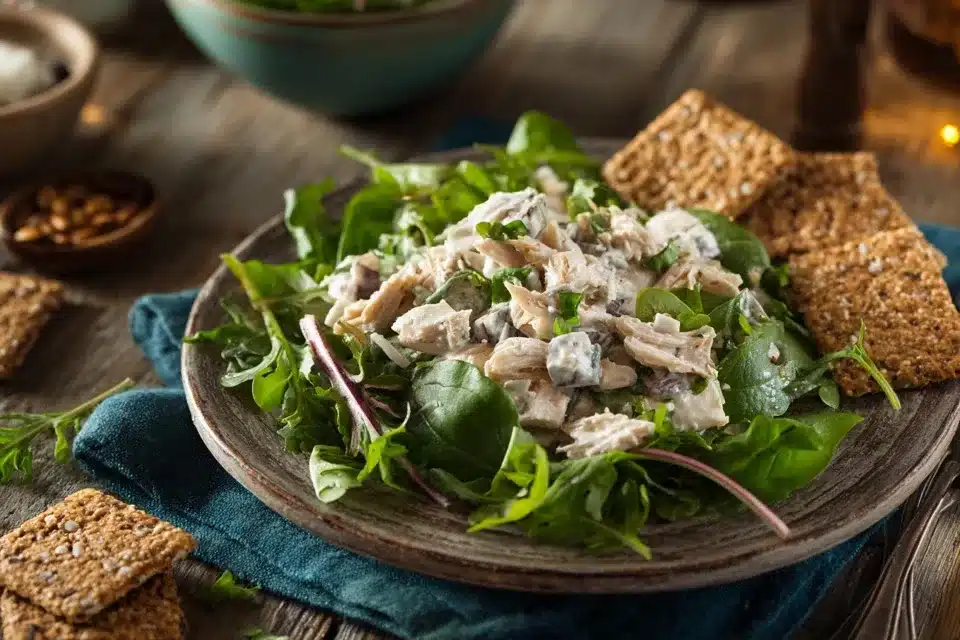 Serving chicken salad on greens with crackers chicken salad with cottage cheese served on greens