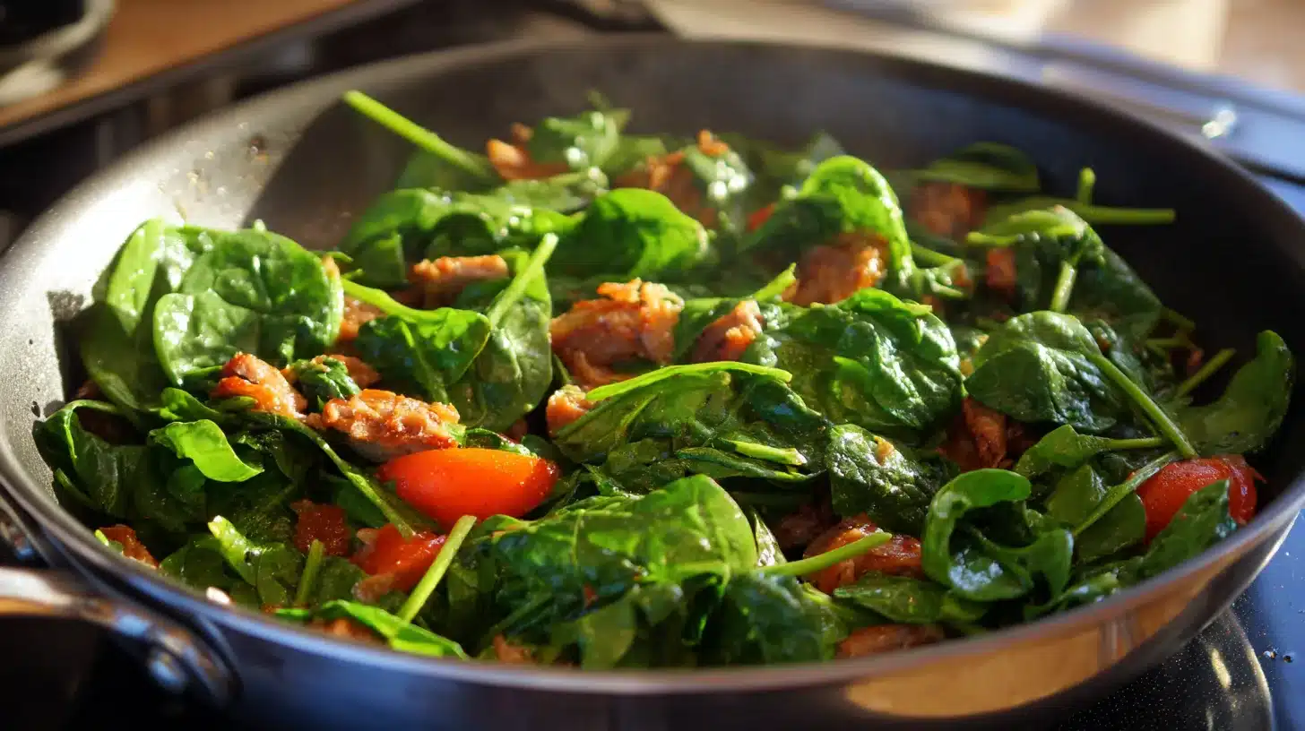 Wilted greens in tomato and sausage mix Spinach added to chicken sausage pasta skillet