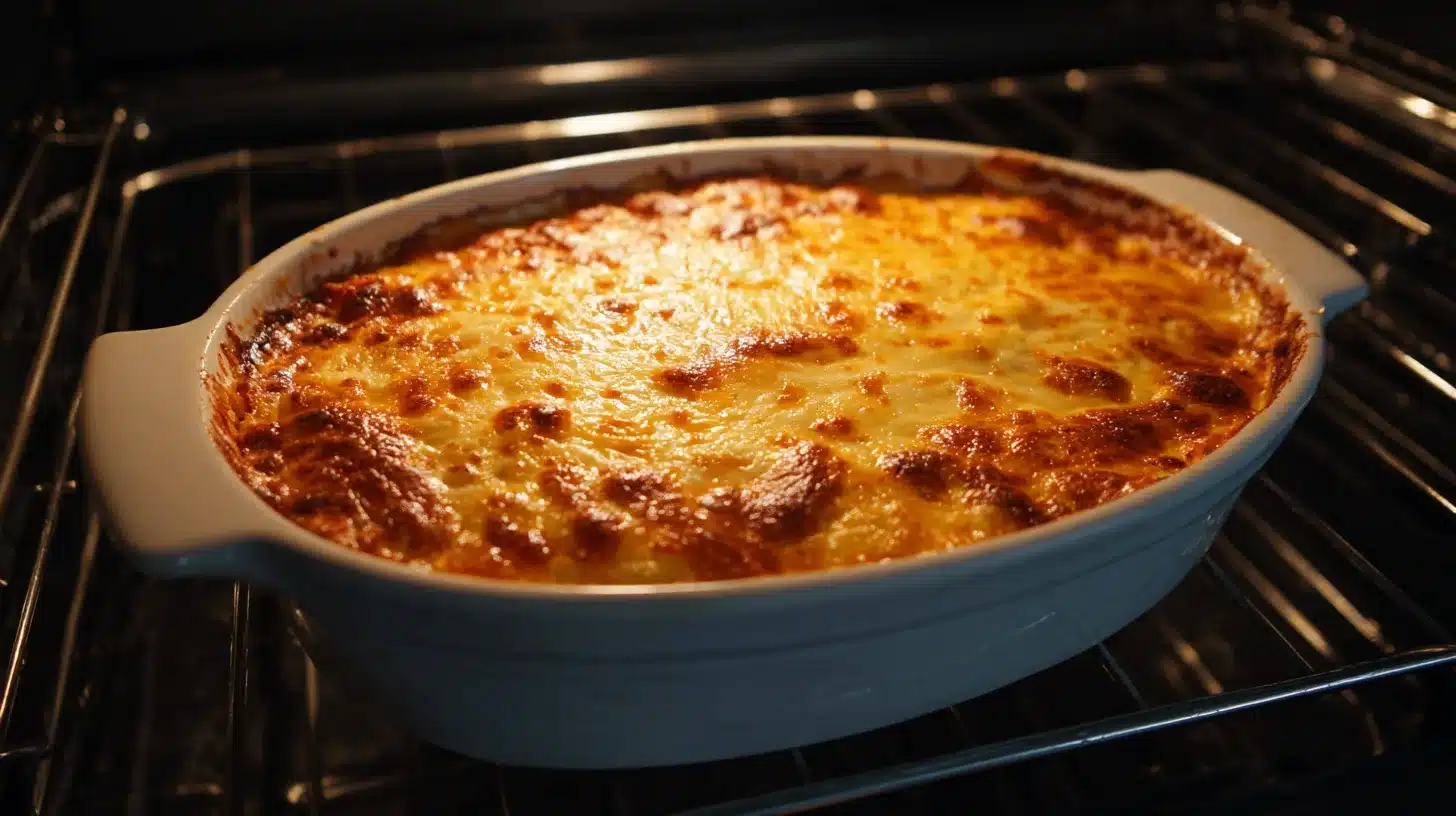 Baked buffalo chicken dip coming out of oven Finished buffalo chicken dip healthy recipe in dish