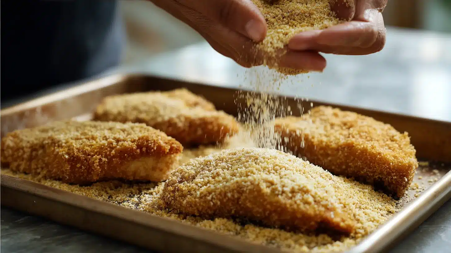 Sprinkling breadcrumbs over chicken mayo parmesan crusted chicken breadcrumb layer