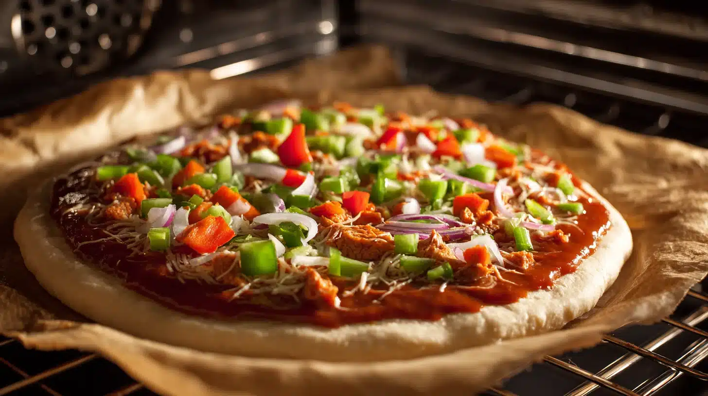Adding toppings to baked crust Ground chicken crust with sauce and toppings