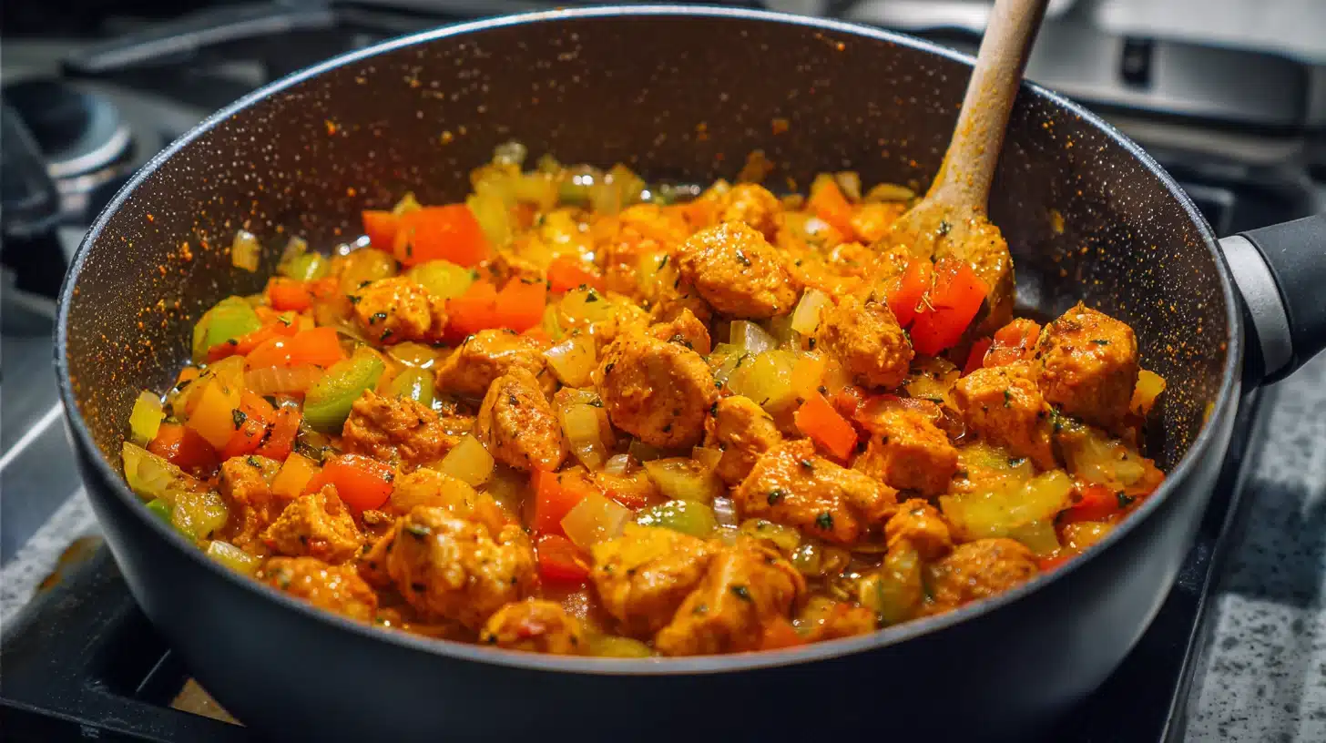 Simmering chicken in broth Chicken simmering in broth for Peruvian chicken stew