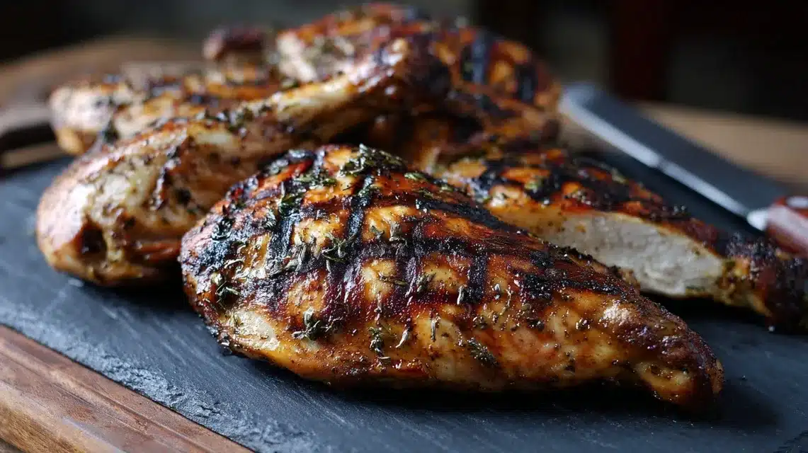 Resting grilled chicken thighs on a plate Grilled boneless chicken thighs resting before serving