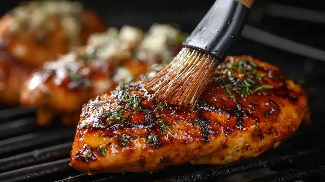 Brushing marinade on grilled chicken Brushing grilled teriyaki chicken with extra marinade
