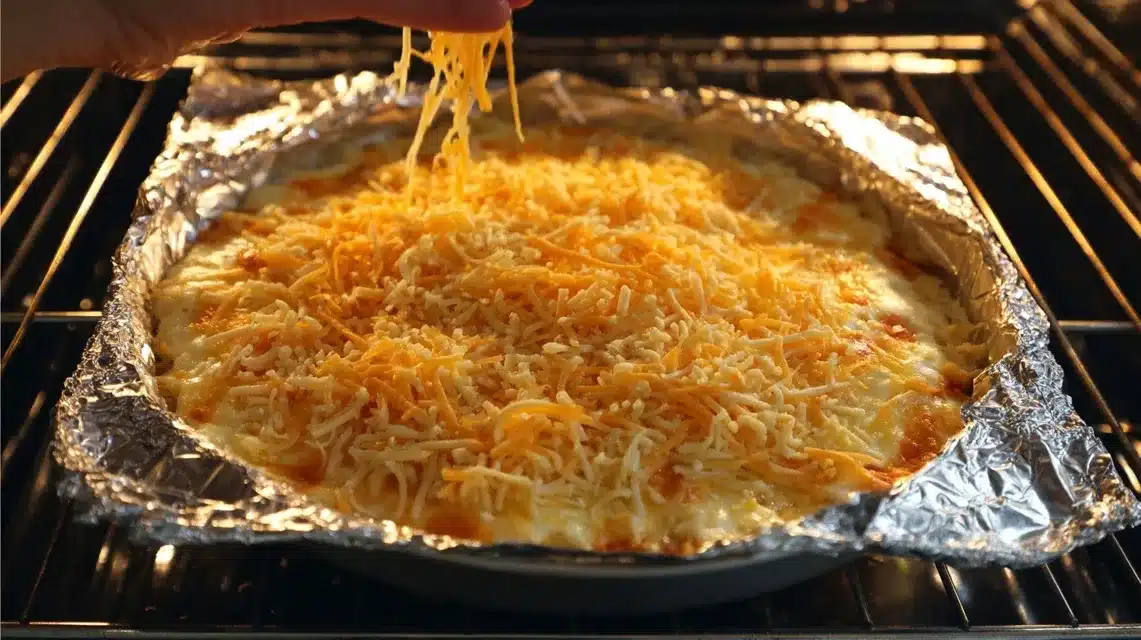 Topping casserole with cheese Adding cheese to Mexican chicken and rice bake