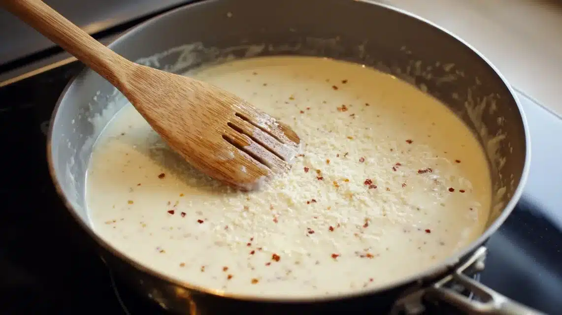 Simmering cream and parmesan sauce Garlic Parmesan Chicken Pasta creamy parmesan sauce simmering