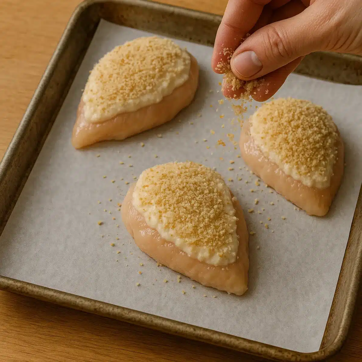 Adding seasoned breadcrumbs Pressing breadcrumbs into parmesan crusted chicken recipe Hellmann's