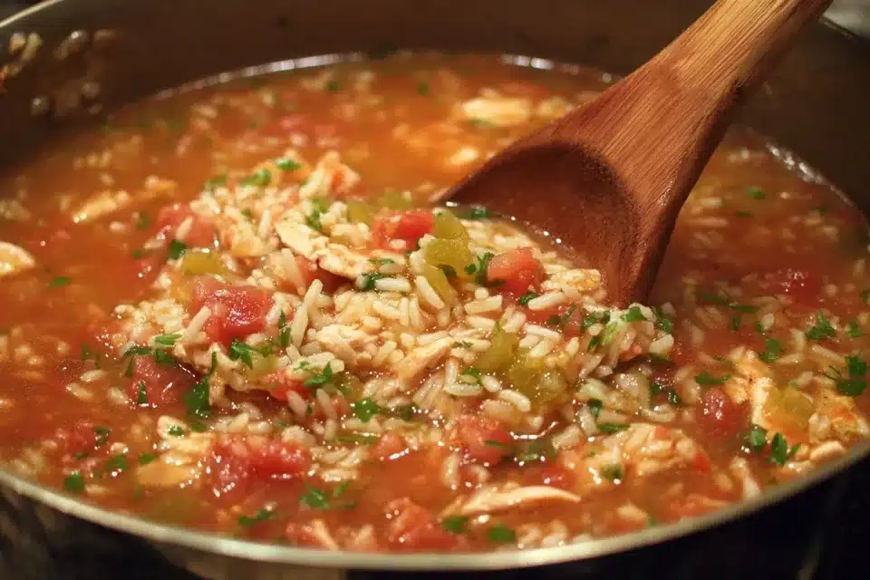 Adding broth and tomatoes Cajun Chicken and Rice simmering in broth and tomatoes