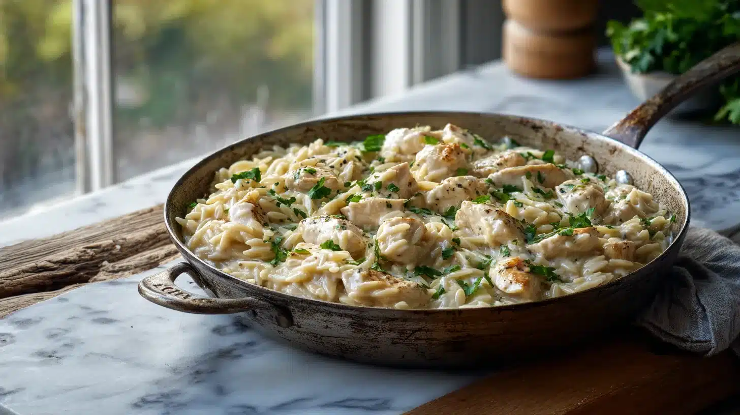Mixing cooked orzo into the sauce Chicken alfredo orzo mixed in one pan