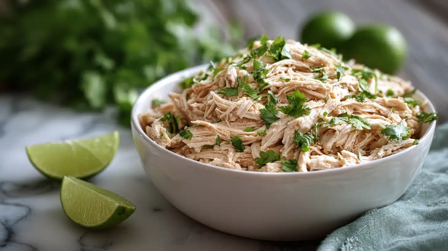 Serving finished southwest chicken Crockpot southwest chicken served with cilantro and lime
