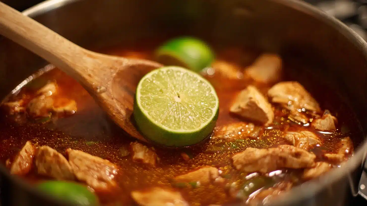 Squeezing lime juice into soup Lime balances the heat in spicy chipotle chicken soup