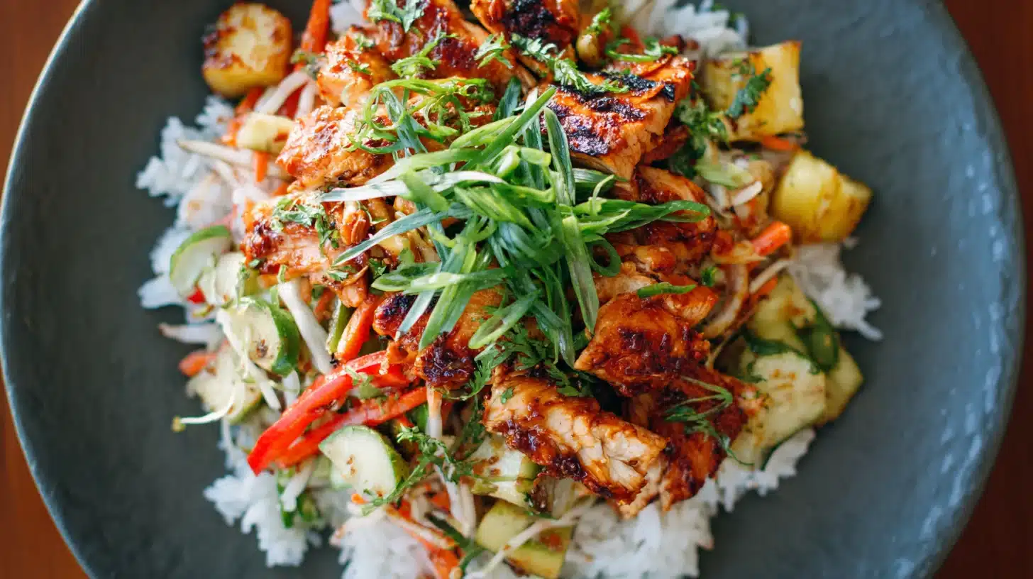 Finished Hawaiian BBQ chicken on cozy kitchen table Hawaiian BBQ chicken recipe served on a rustic plate