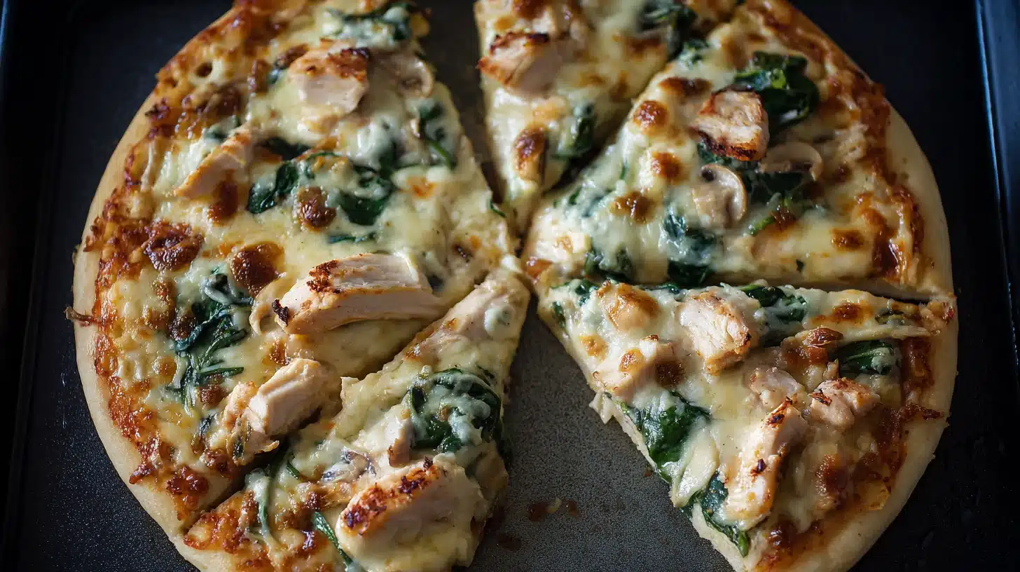 Slicing hot chicken florentine pizza Slicing fresh chicken florentine pizza