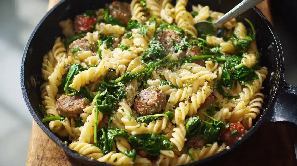 Mixing pasta into the skillet Whole wheat pasta mixed with chicken sausage and veggies