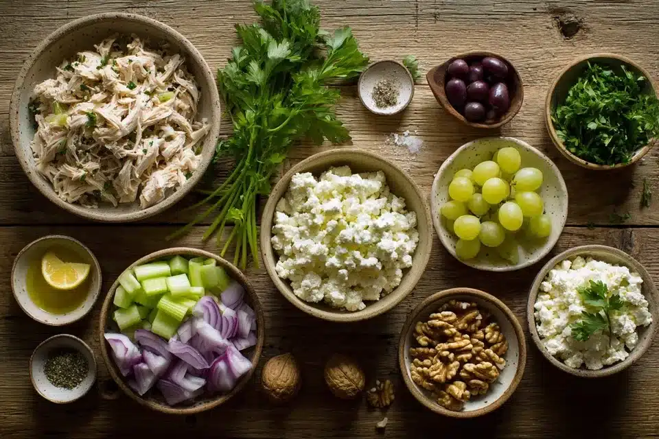 Ingredients for Chicken Salad with Cottage Cheese hicken salad with cottage cheese ingredients laid out on wood counter