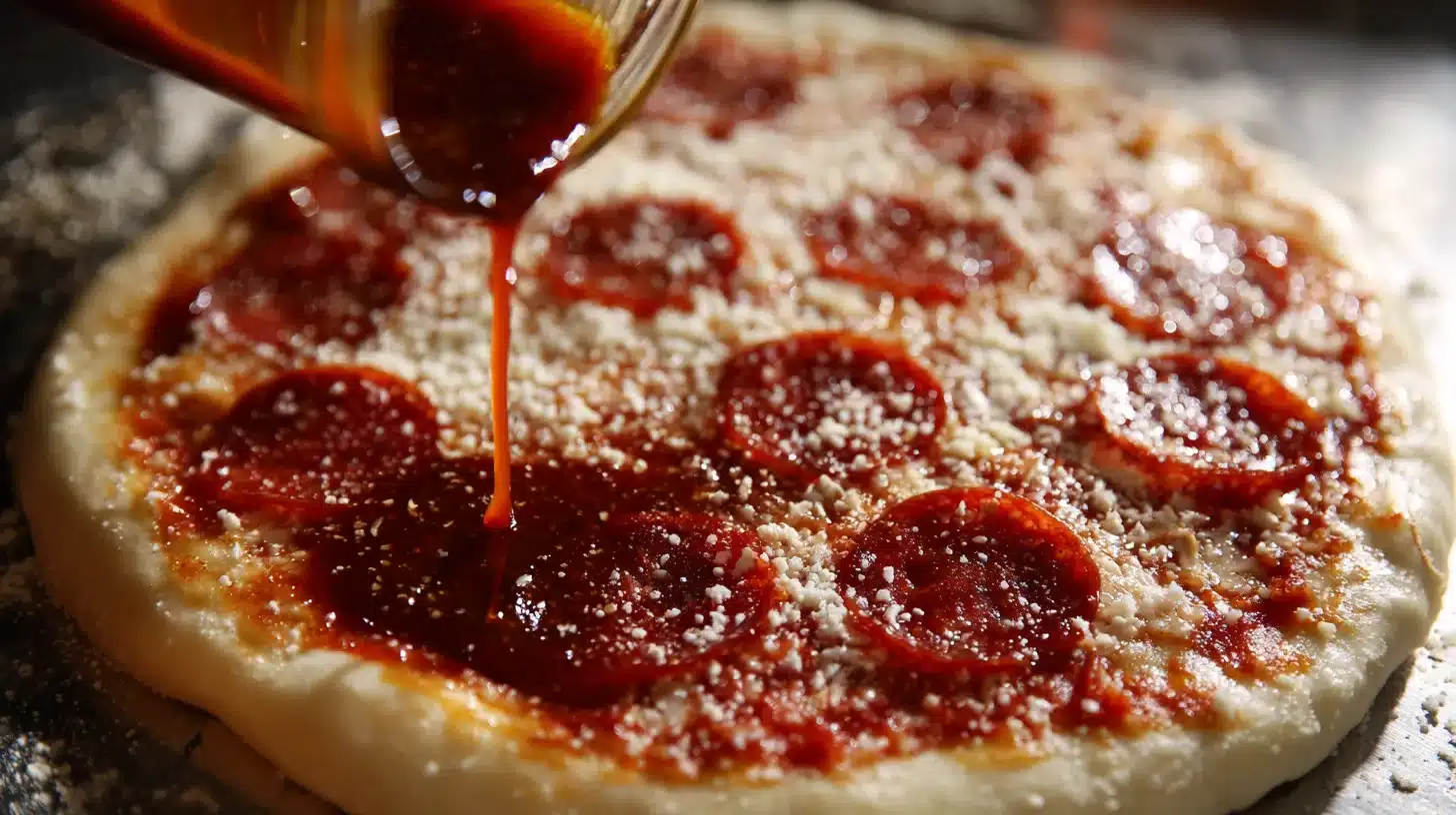 Adding toppings to chicken crust Topping canned chicken pizza crust with sauce and cheese