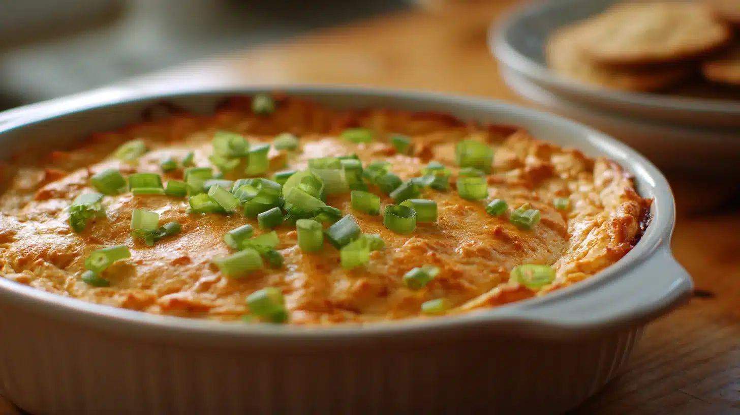 Garnishing buffalo chicken dip with green onions Serving buffalo chicken dip healthy recipe with toppings