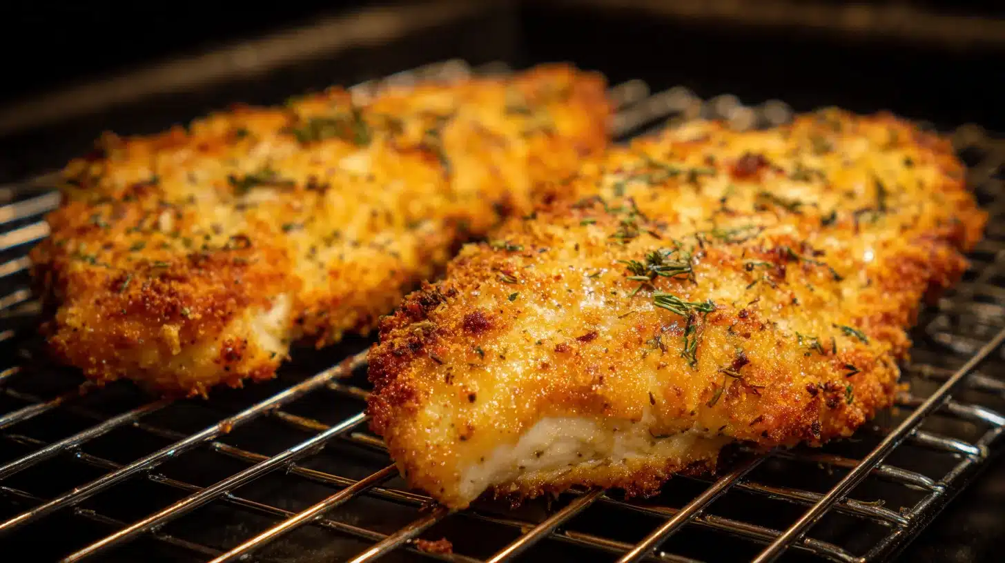 Baked chicken fresh out of oven golden baked mayo parmesan crusted chicken