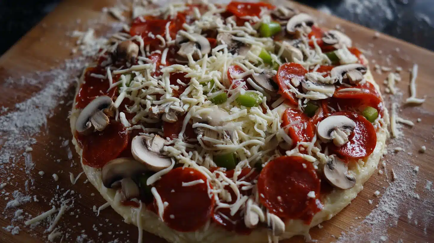 Topping the pizza crust Adding toppings to chicken crust pizza near me