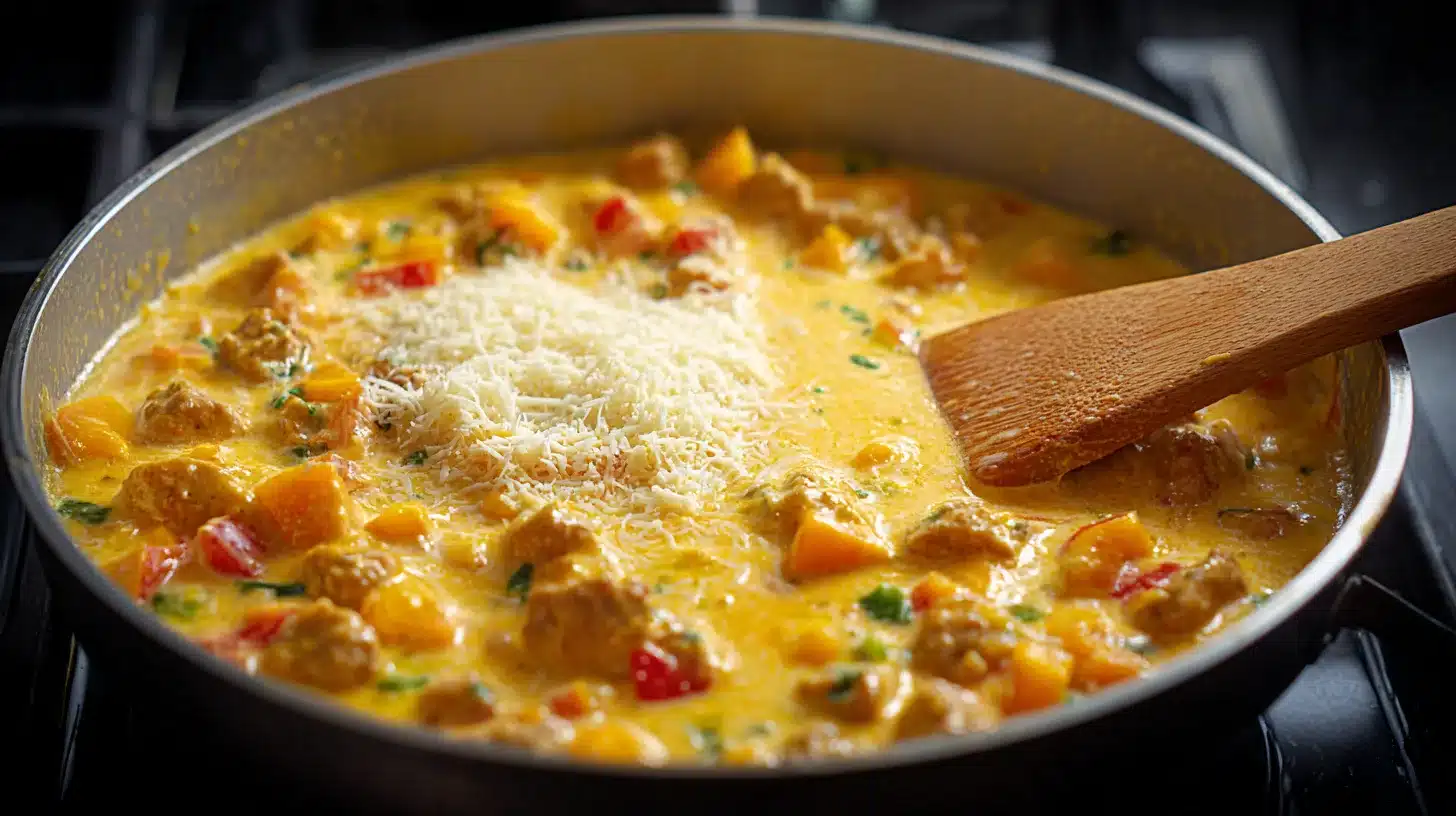 Stirring milk and cheese into stew Finishing Peruvian chicken stew with milk and parmesan