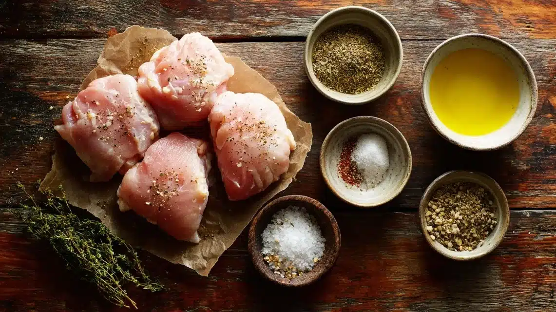 Ingredients for Grilled Boneless Chicken Thighs Ingredients laid out for grilled boneless chicken thighs