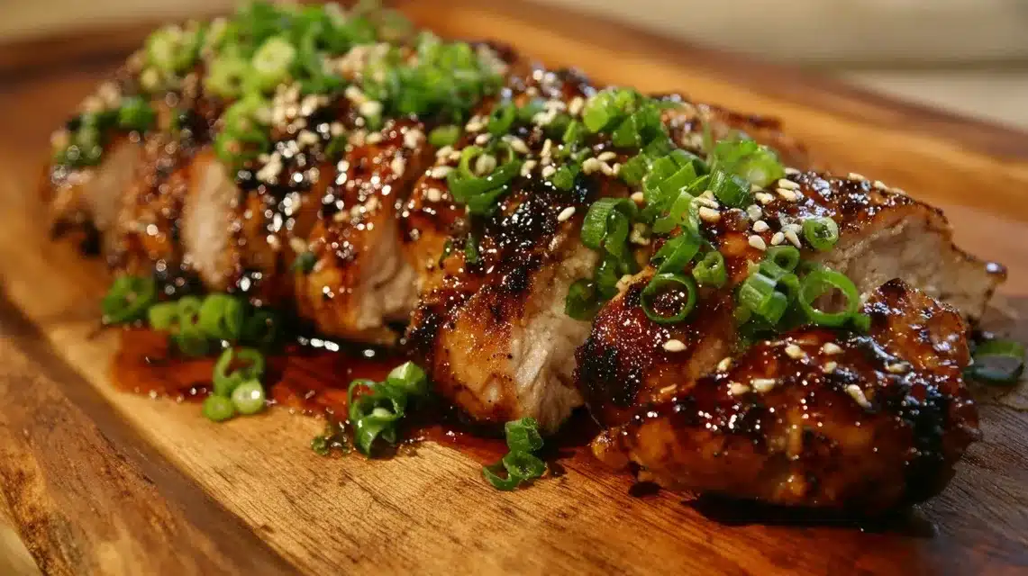 Finished grilled teriyaki chicken resting Grilled teriyaki chicken on cutting board with garnish