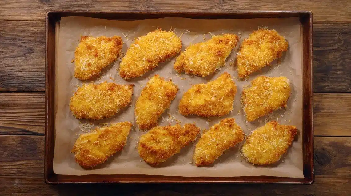 Chicken on baking tray Preparing hellmann's parmesan crusted chicken for oven