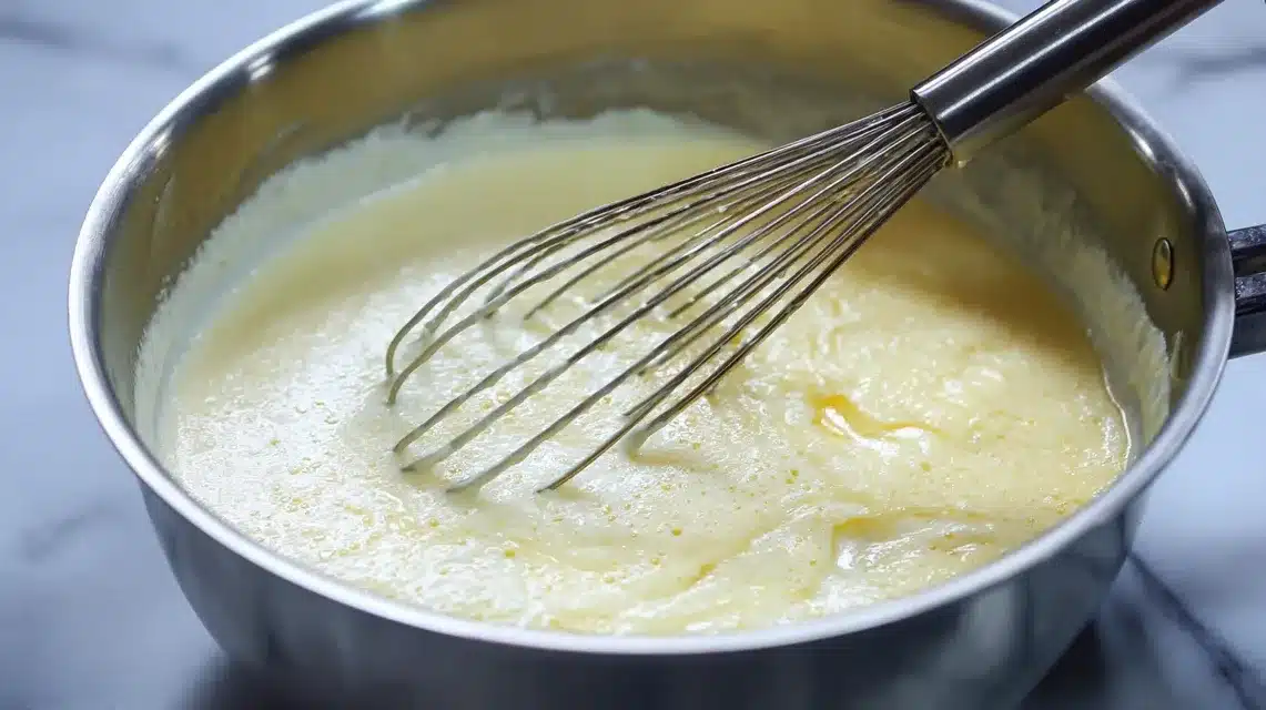 Whisking flour and milk into sauce Making creamy garlic sauce for parmesan crusted chicken