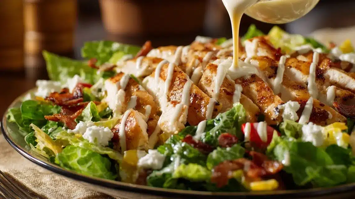 Drizzling dressing over finished salad Chicken tender salad with balsamic dressing being poured