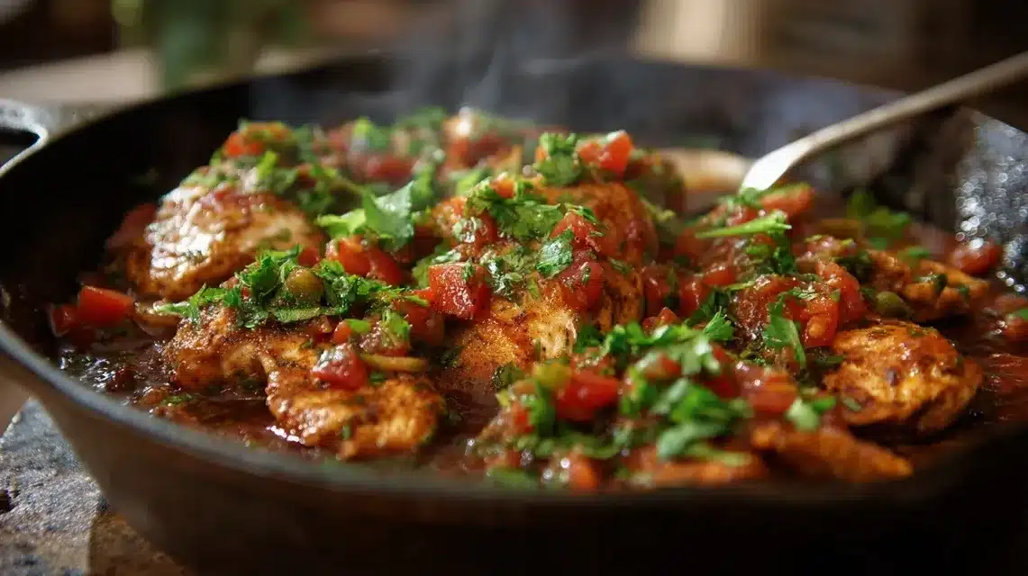 Serving cowboy chicken from skillet Cowboy chicken recipe ready to eat