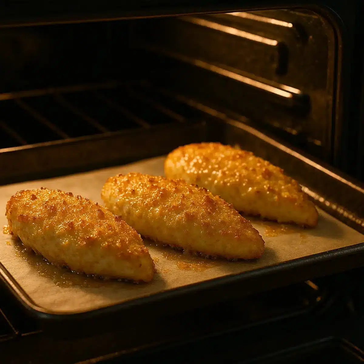 Parmesan crusted chicken baking in oven Chicken baking golden in parmesan crusted chicken recipe Hellmann's