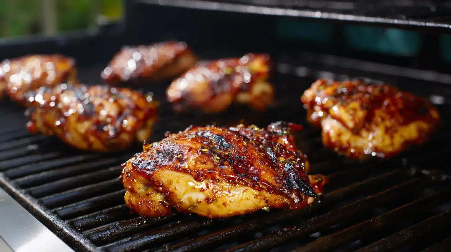Grilling chicken thighs and brushing with sauce Basting grilled teriyaki chicken thighs with thick sauce