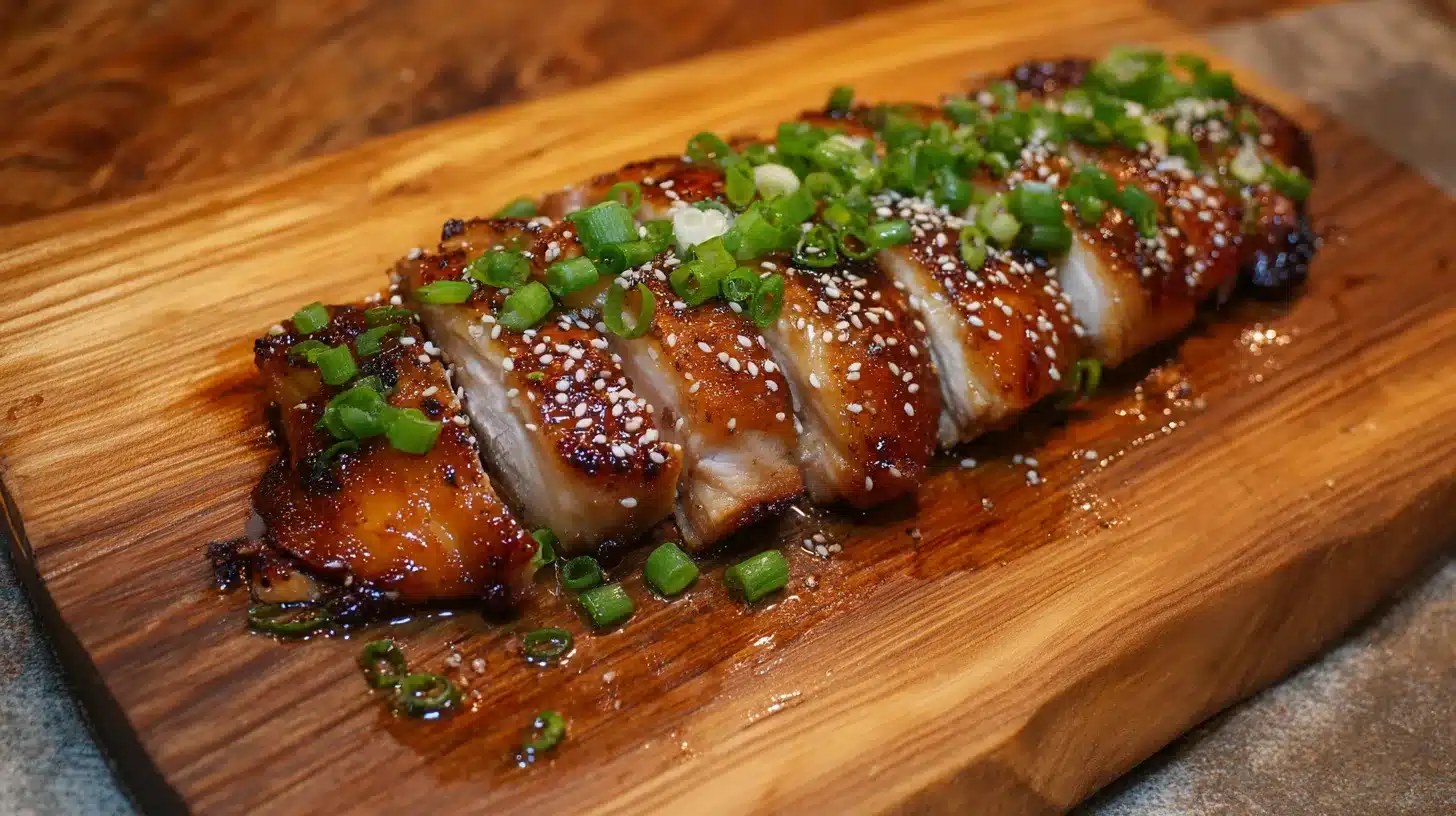 6Sliced grilled teriyaki chicken with garnish Finished Panda Express Grilled Teriyaki Chicken sliced and served