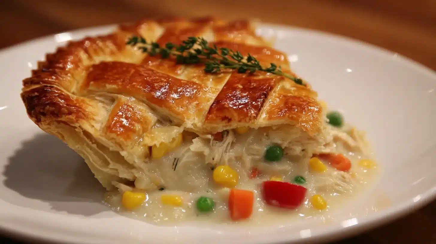 Resting freshly baked pie Chicken pot pie with cream of chicken soup cooling on kitchen counter