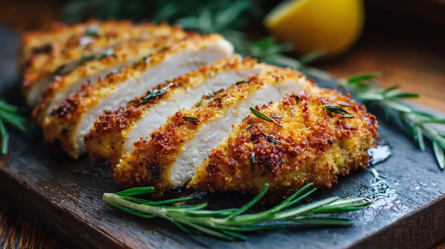 Resting baked chicken Letting parmesan crusted chicken rest before slicing