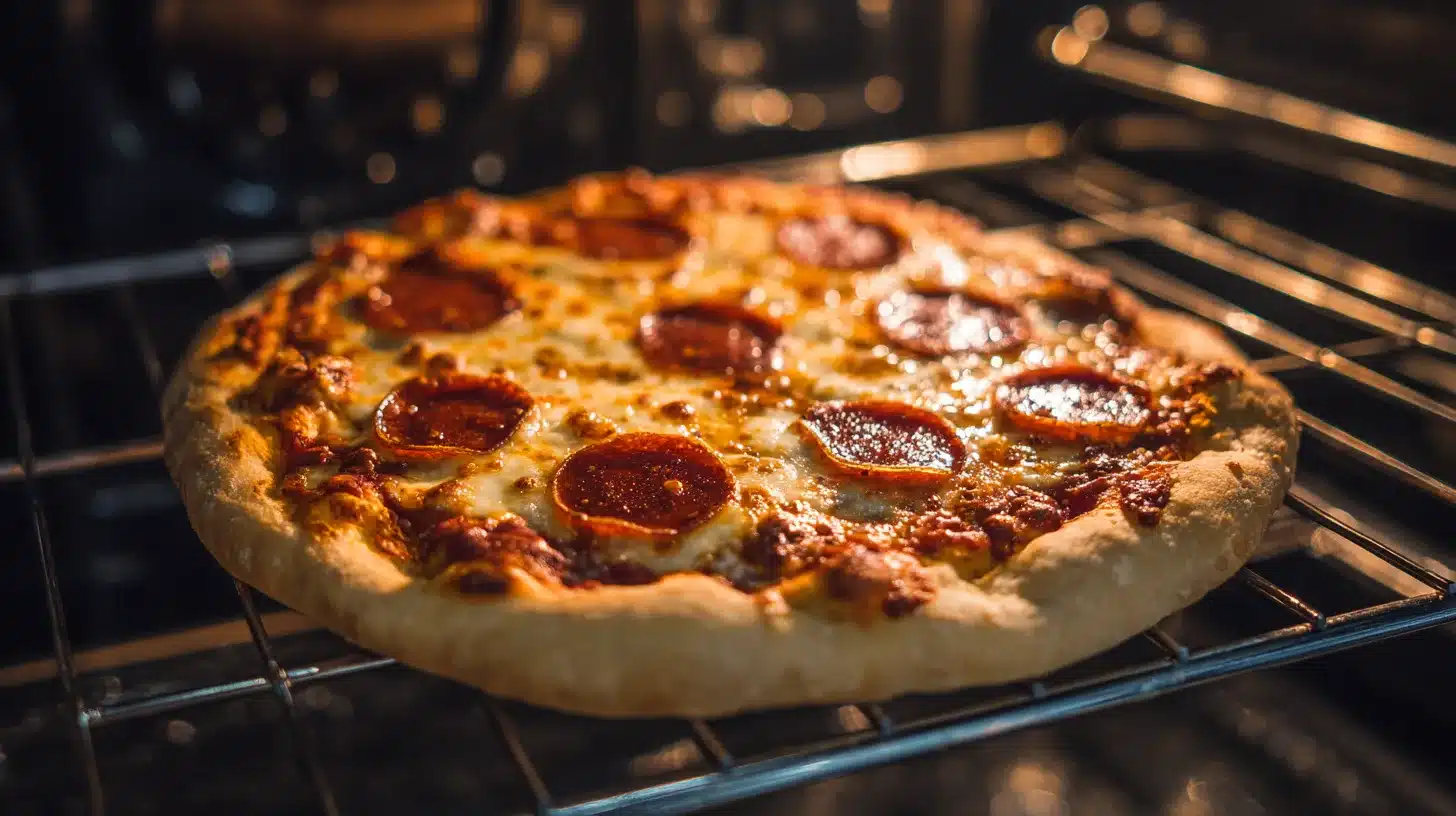 Finished pizza melting in oven Cheese melting on canned chicken pizza crust